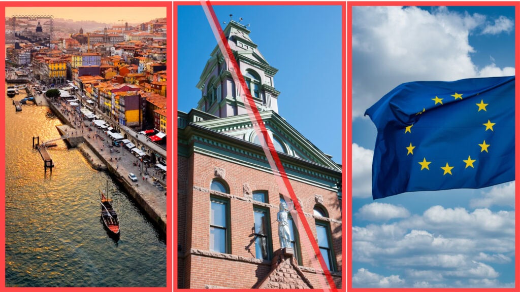 Composite image of Porto, Aspen, and a European square illustrating global short-term rental policies updates