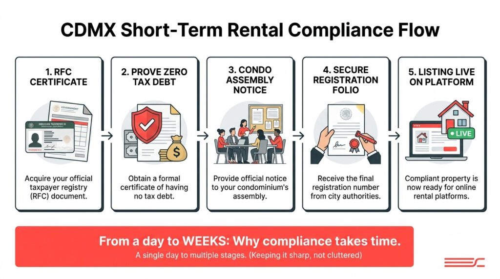 Mexico City Enforces Registration, England Delays Planning Class, Cleveland Caps Density 1 Flow diagram showing the steps required to comply with Mexico City's short-term rental ordinances, from tax certificate to registration folio to active listing