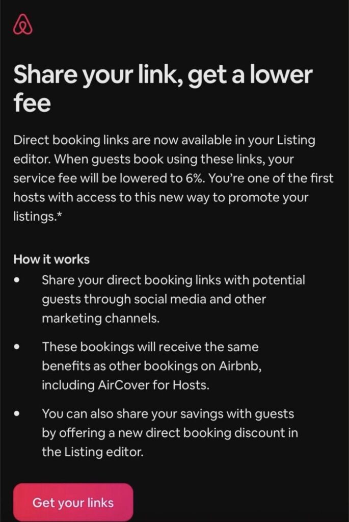 Airbnb's New "Direct Booking Links" Cut Host Fees to 6%. They Also Reveal What Airbnb Charges Just to Find You a Guest 1 Airbnb direct booking links email screenshots