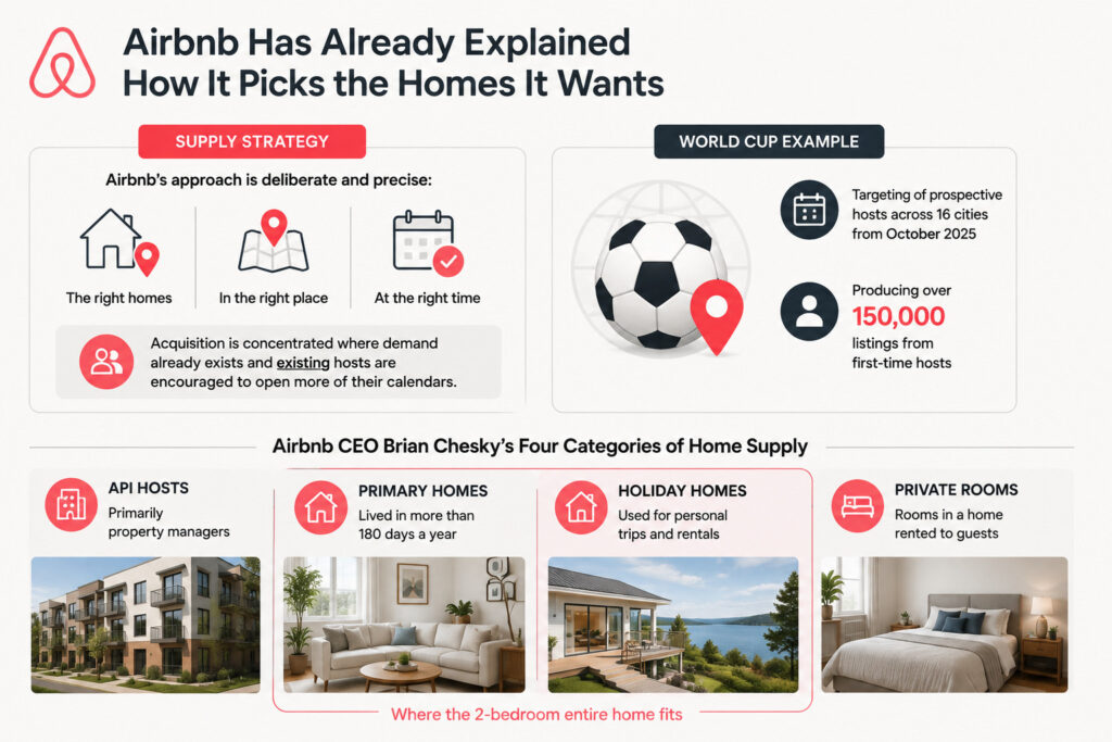 Infographic explaining how Airbnb ads reflect the company’s supply strategy, including targeting the right homes, locations, and timing, a World Cup host acquisition example, and four categories of Airbnb home supply.