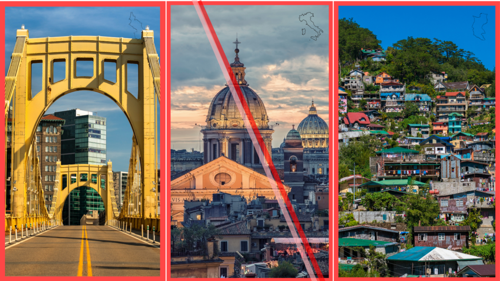 Composite image of Pittsburgh, Rome, and Baguio City illustrating global short-term rental policies updates
