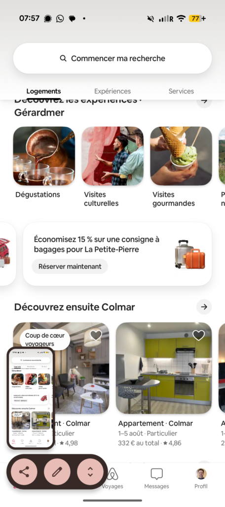 Airbnb Experiences: Our Cross-Selling Screenshots Explain the Tripadvisor Viator Deal 3 "Découvrez ensuite Colmar" (Discover Colmar next) offers apartments for August 1 to 5. Every one of those nights was already booked and paid for on my account. The recommendation engine reads the region and dates, not the guest's own calendar.