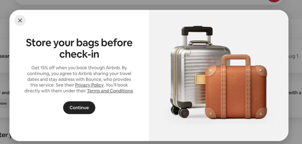 Airbnb Experiences: Our Cross-Selling Screenshots Explain the Tripadvisor Viator Deal 1 Airbnb's logged-in homepage. The luggage-storage offer names La Petite-Pierre, the village I had booked, not one I had searched. Once you have a reservation, Airbnb sells against your booking data, days before your own pre-arrival email goes out.