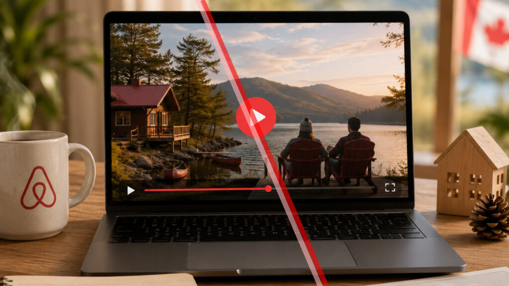 Laptop showing a scenic lake view with two people sitting by the water.
