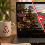 Laptop showing a scenic lake view with two people sitting by the water.