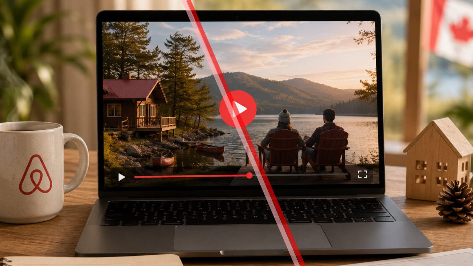 Laptop showing a scenic lake view with two people sitting by the water.
