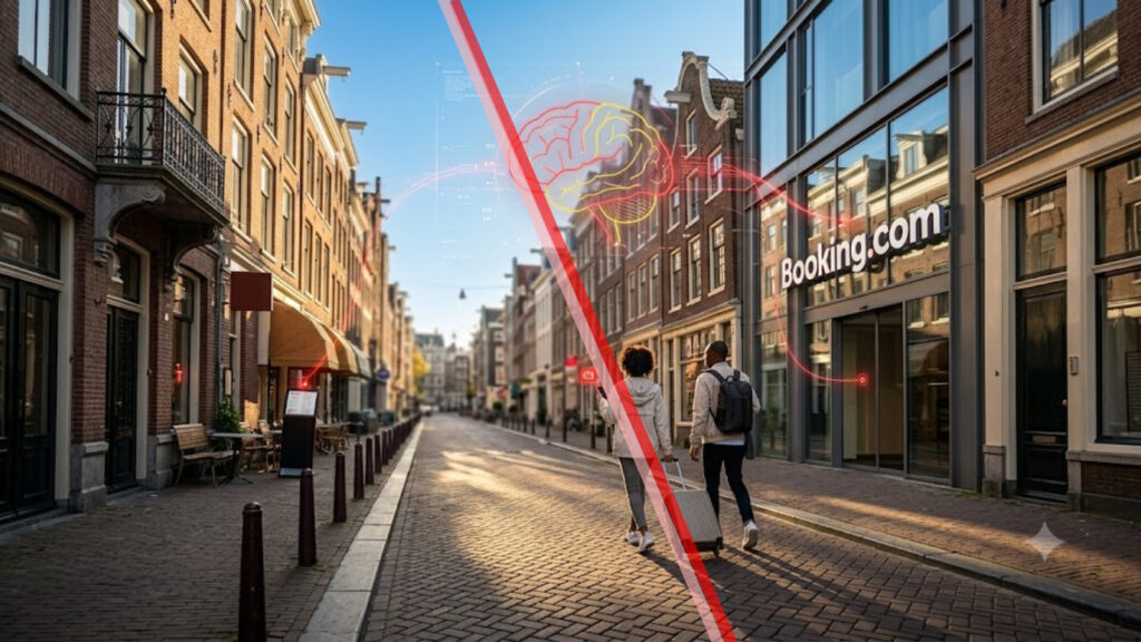 City street with people walking past Booking.com storefront and digital overlay.
