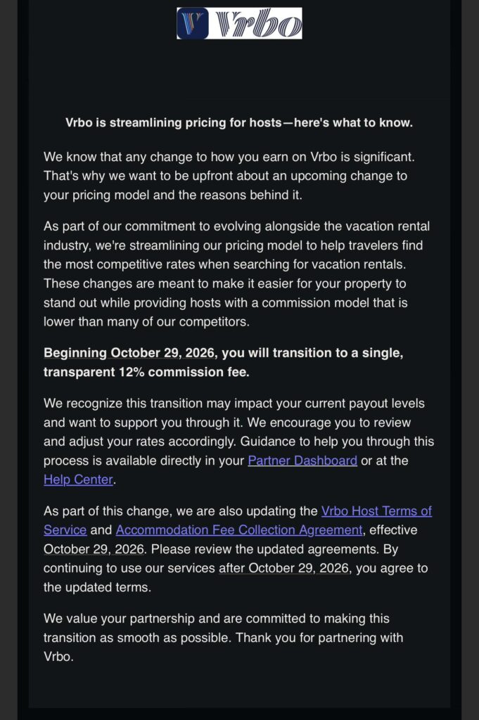 Vrbo email to hosts about Vrbo commissions increasing to 12%