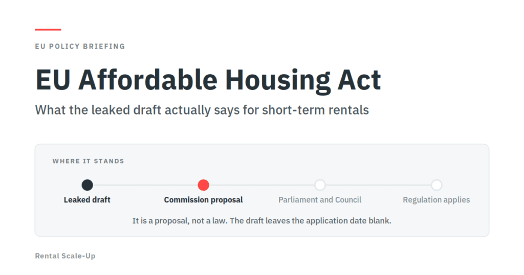 EU Affordable Housing Act: What the Leaked Draft Means for Short-Term Rental Managers 1 Status of the EU Affordable Housing Act, from leaked draft to Commission proposal to Parliament and Council