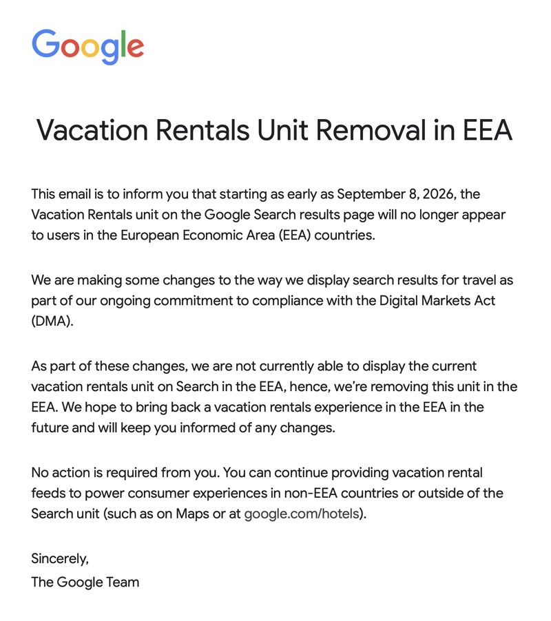 DMA Fallout: Google Removes Vacation Rentals from Search in Europe, and So Far Only the Aggregators Are Smiling 1 Google vacation rentals email