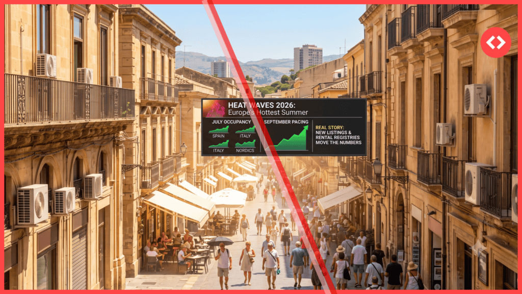 A sunny Southern European street with visible air conditioning units, illustrating the heat waves impact on summer travel and rental occupancy.