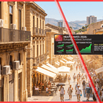 A sunny Southern European street with visible air conditioning units, illustrating the heat waves impact on summer travel and rental occupancy.