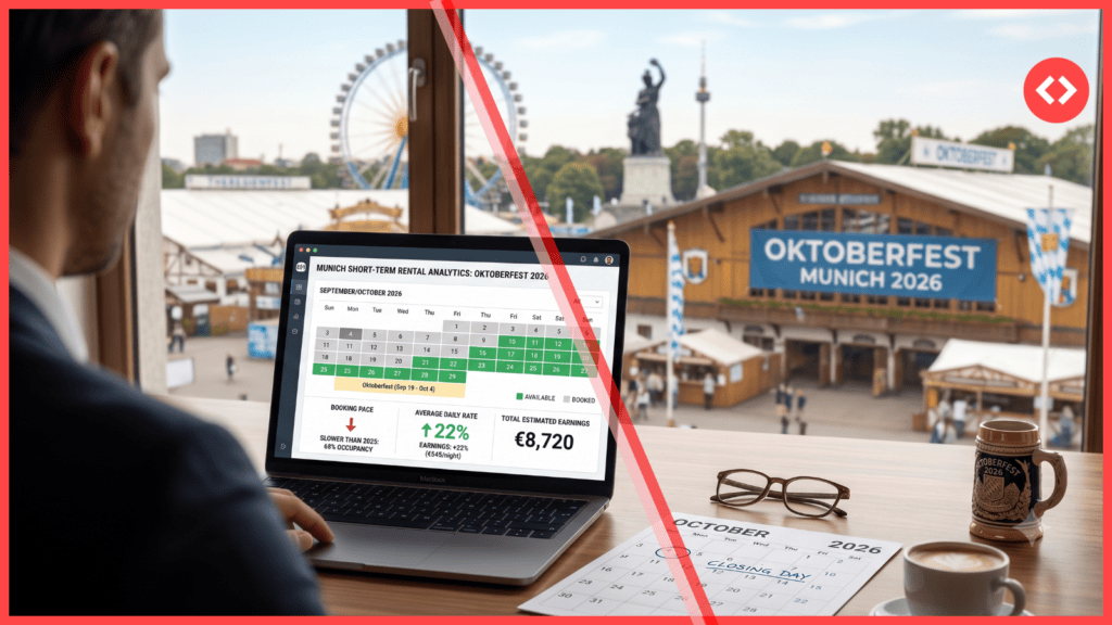 A Munich property manager analyzing a rental dashboard for Oktoberfest 2026, showing slower booking pace but high average daily rates, with the festival grounds visible outside the window.