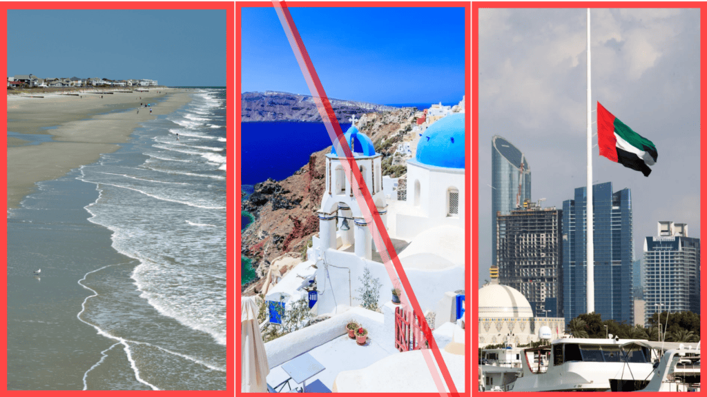 Composite image of Folly Beach, Greece, and Abu Dhabi illustrating global short-term rental policies updates