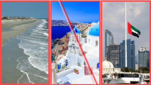 Home 5 Composite image of Folly Beach, Greece, and Abu Dhabi illustrating global short-term rental policies updates