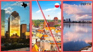 Home 5 Three-panel composite of a Rowlett Texas lakefront house, a Warsaw apartment block and the Perth skyline, illustrating this week's short term rental regulations