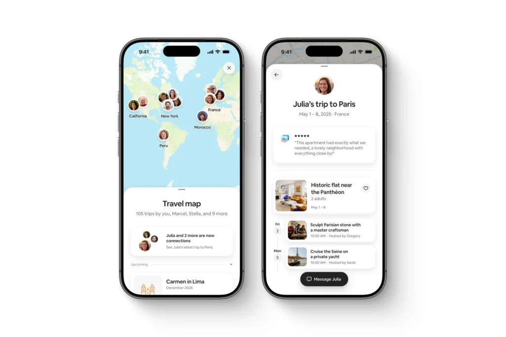 Airbnb Fall Update 2026 Travel Map showing connections' trips worldwide and a friend's Paris stay with her review