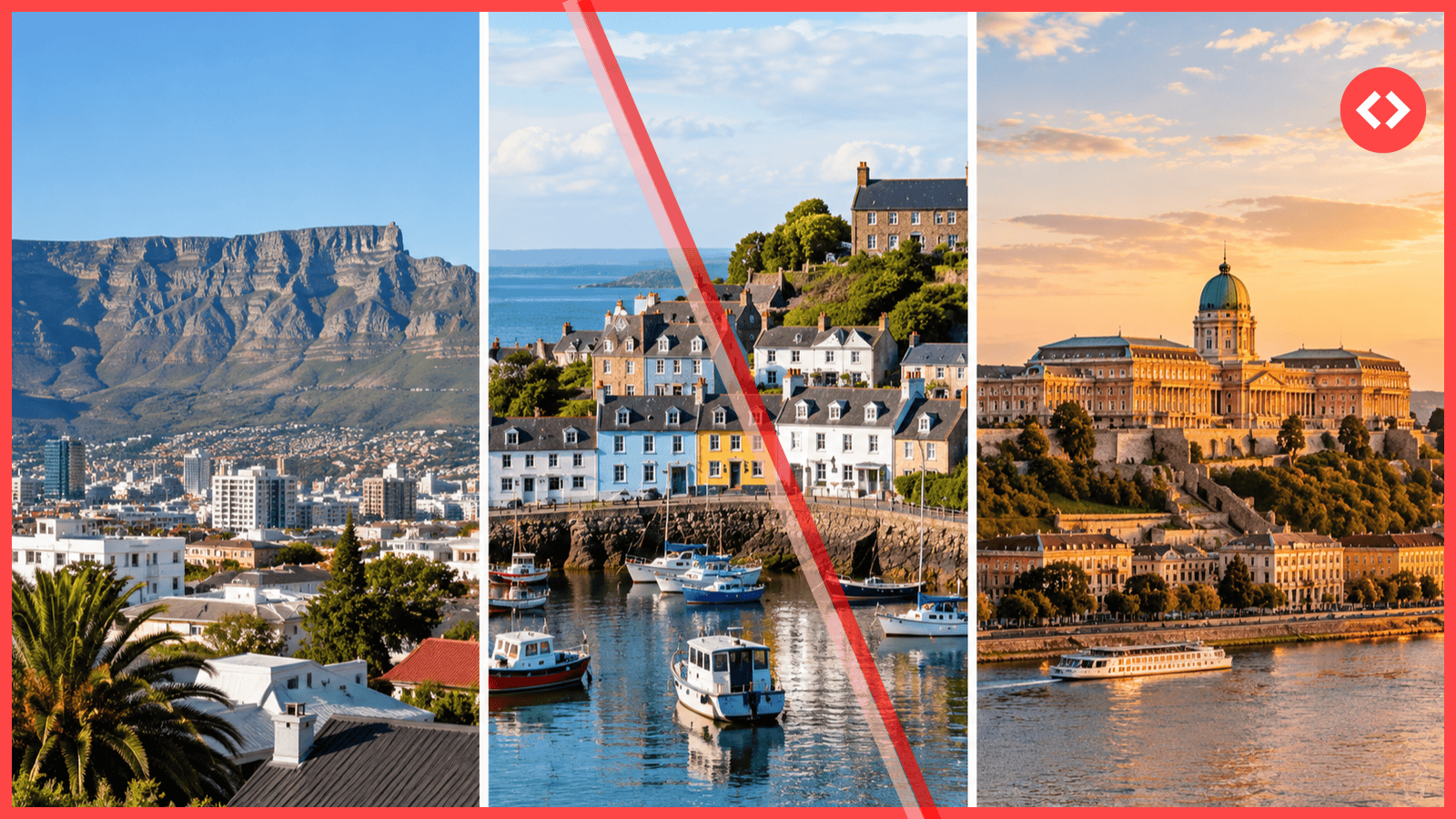 Three-panel image of Cape Town, a Welsh coastal village and Buda Castle illustrating this week’s short-term rental policies