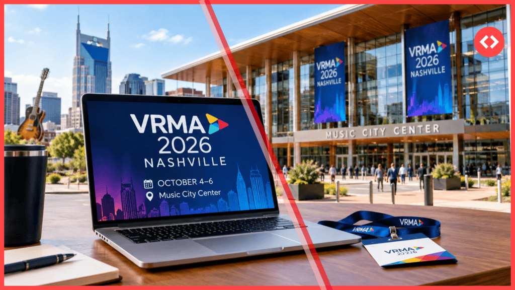 Laptop showing the VRMA 2026 dates, October 4-6, with a conference banner on a Nashville convention centre behind