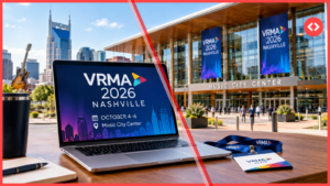 Laptop showing the VRMA 2026 dates, October 4-6, with a conference banner on a Nashville convention centre behind