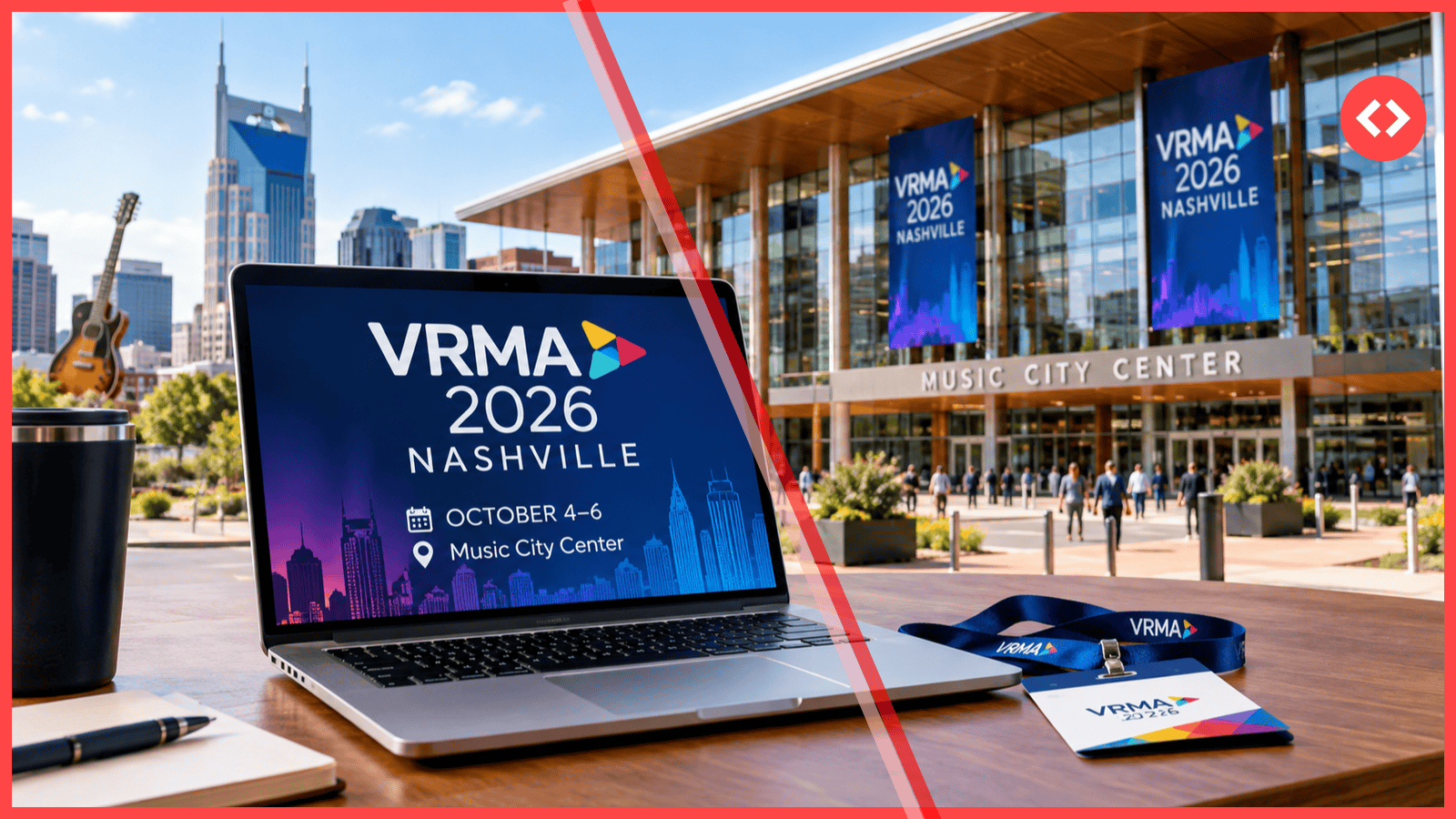 Laptop showing the VRMA 2026 dates, October 4-6, with a conference banner on a Nashville convention centre behind