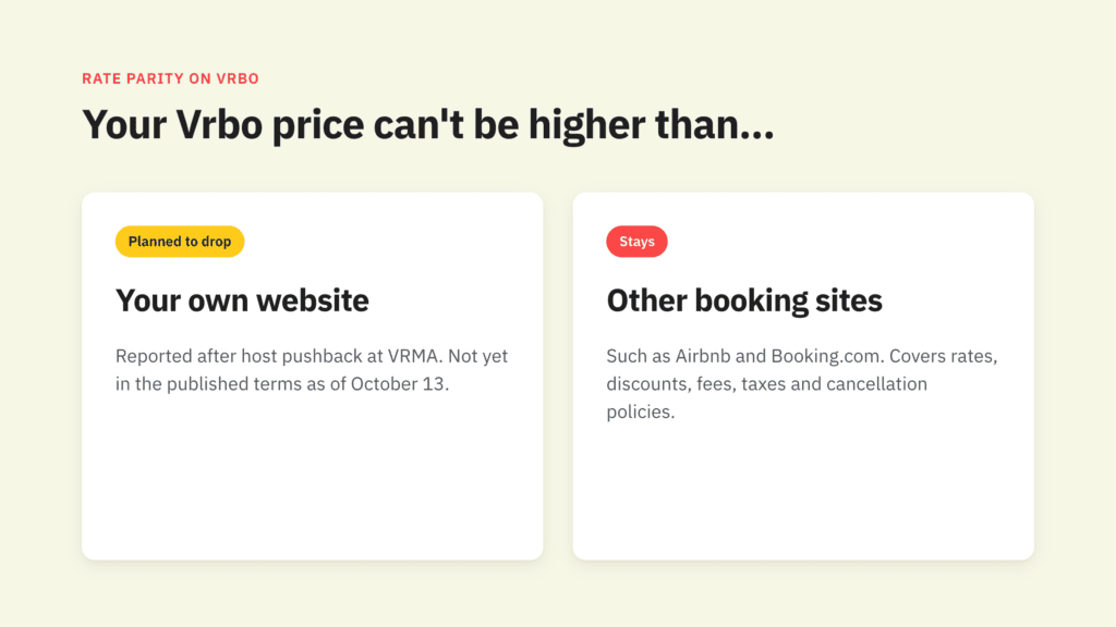 Vrbo Plans to Drop Its Price-Matching Rule for Direct Sites, but the 12% Commission Stays 1 What is Vrbo rate parity?
