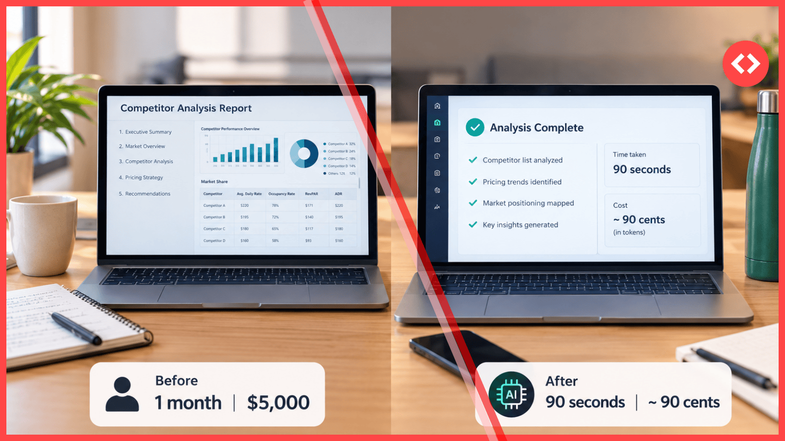 The cost of one owner acquisition asset before and after AI for owner acquisition, from $5,000 to 90 cents