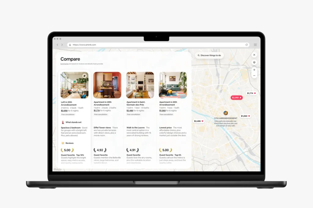 Airbnb Fall Update 2026 AI Compare view showing four Paris listings side by side with AI summaries and review highlights