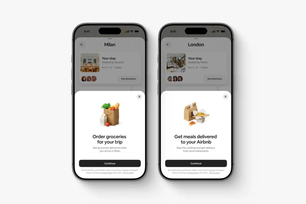 Airbnb Fall Update 2026 grocery and meal delivery screens for guest stays in Milan and London