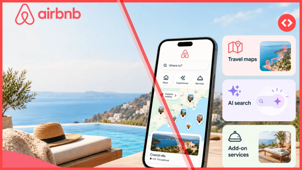 Airbnb Fall Update 2026 announcement graphic showing new guest features for travel maps, AI search and add-on services