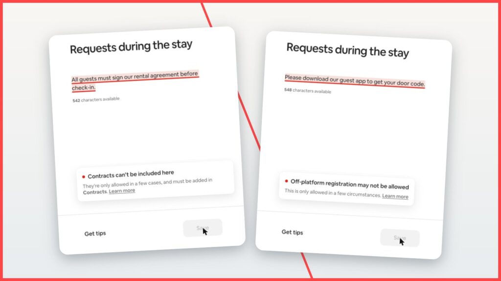 Two Airbnb Listing editor screenshots: a rental agreement request flagged with “Contracts can’t be included here” and a guest app request flagged with “Off-platform registration may not be allowed.”