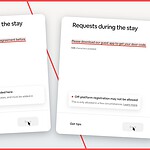 Two Airbnb Listing editor screenshots: a rental agreement request flagged with “Contracts can’t be included here” and a guest app request flagged with “Off-platform registration may not be allowed.”
