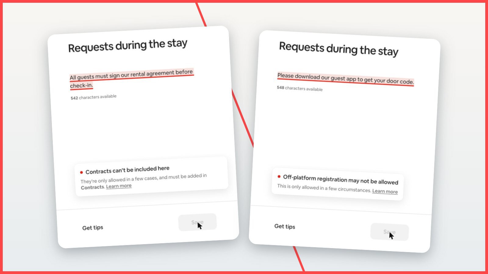 Two Airbnb Listing editor screenshots: a rental agreement request flagged with “Contracts can’t be included here” and a guest app request flagged with “Off-platform registration may not be allowed.”