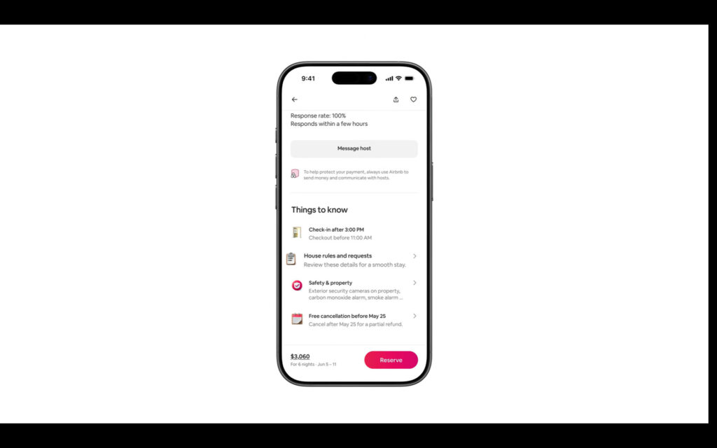 Airbnb's new house rules policy: what hosts can and can't ask guests to do from November 20 3 Airbnb listing page on a phone: the Things to know section lists check-in and checkout times, House rules and requests, Safety & property, and the cancellation policy.
