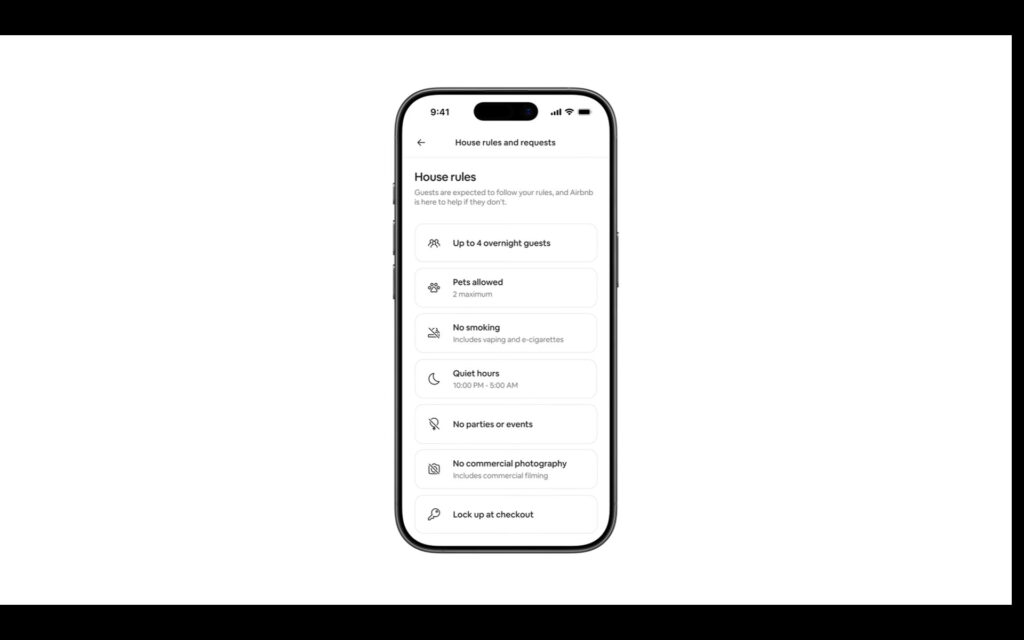 Airbnb's new house rules policy: what hosts can and can't ask guests to do from November 20 2 Airbnb app screenshot on a phone: the House rules list shows up to 4 overnight guests, pets allowed, no smoking (including vaping and e-cigarettes), quiet hours, no parties or events, no commercial photography, and lock up at checkout.