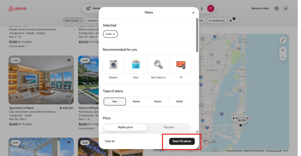 Airbnb Is Rebuilding Luxe, and Your Existing High-End Listings May Be Part of It 1 Airbnb search for Miami filtered to Luxe, showing 121 places for five-night stays