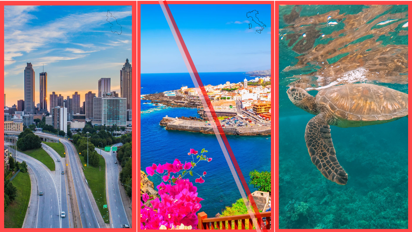 Three-panel illustration of Atlanta, Spain and Maui illustrating this week's short-term rental policies updates